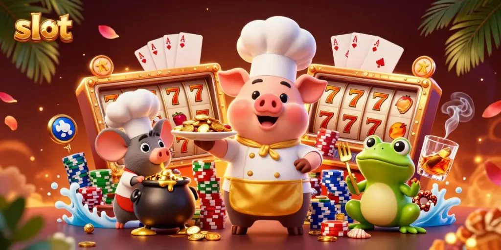 Spin the slot reels with golden coins celebrated by a chef in a vibrant casino scene.