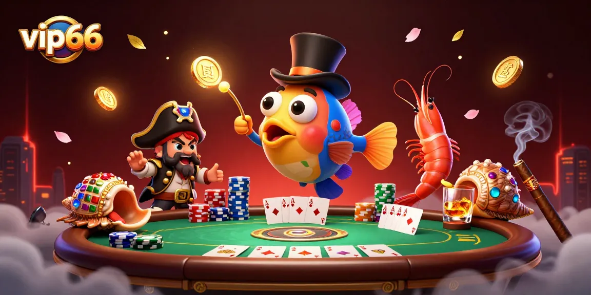 Engage with exciting vip66 casino games in a vibrant illustrated scene featuring poker elements.