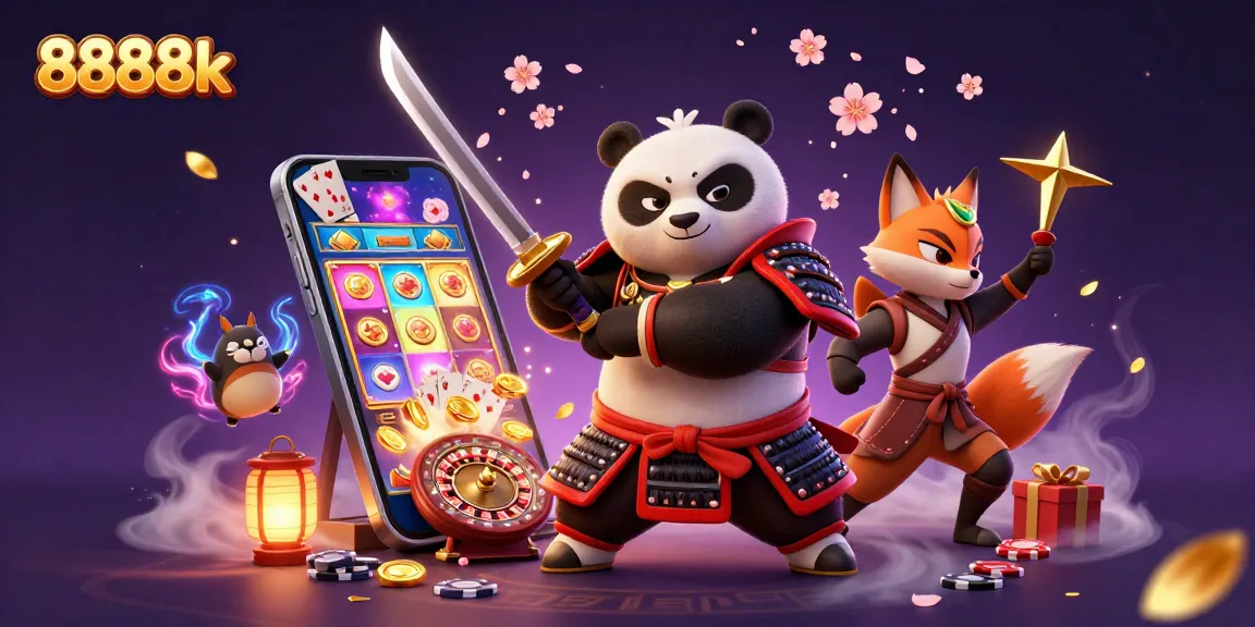Experience excitement with 8888k: a dynamic illustration of gaming fun with a samurai panda, ninja fox, and magical spirit.