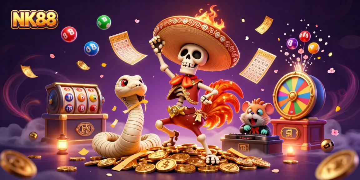 Experience the excitement of NK88 with vibrant casino characters celebrating on treasure!