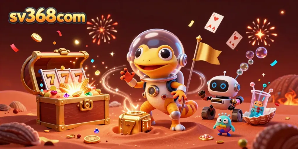sv368com showcases a Martian gecko uncovering a buried casino, enriched with casino elements.