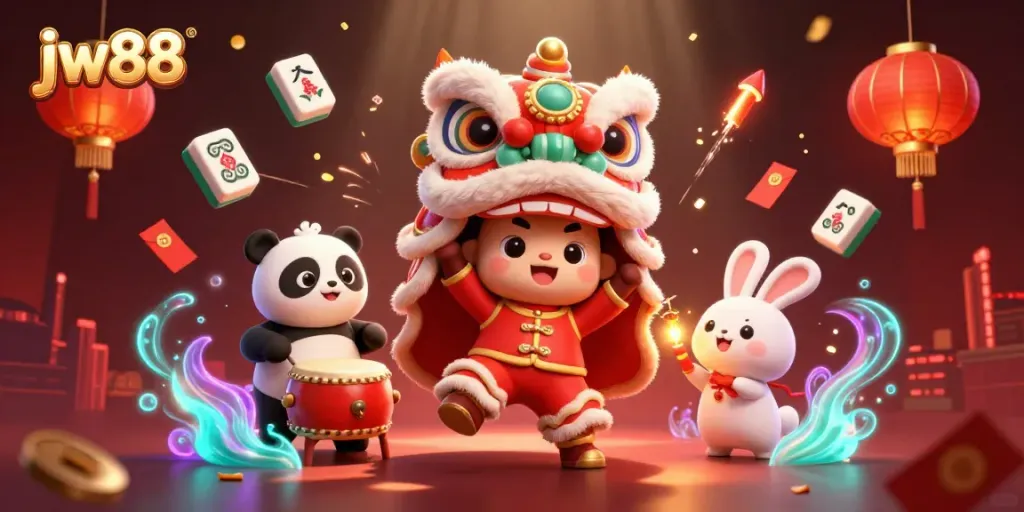 Experience the excitement at jw88 with vibrant lion dance and festive casino visuals in this illustration.