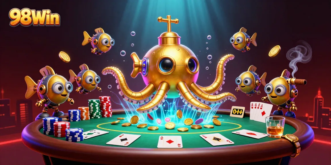 Engage in thrilling gameplay with 98Win as a golden kraken emerges from coin-filled depths at a vibrant poker table.