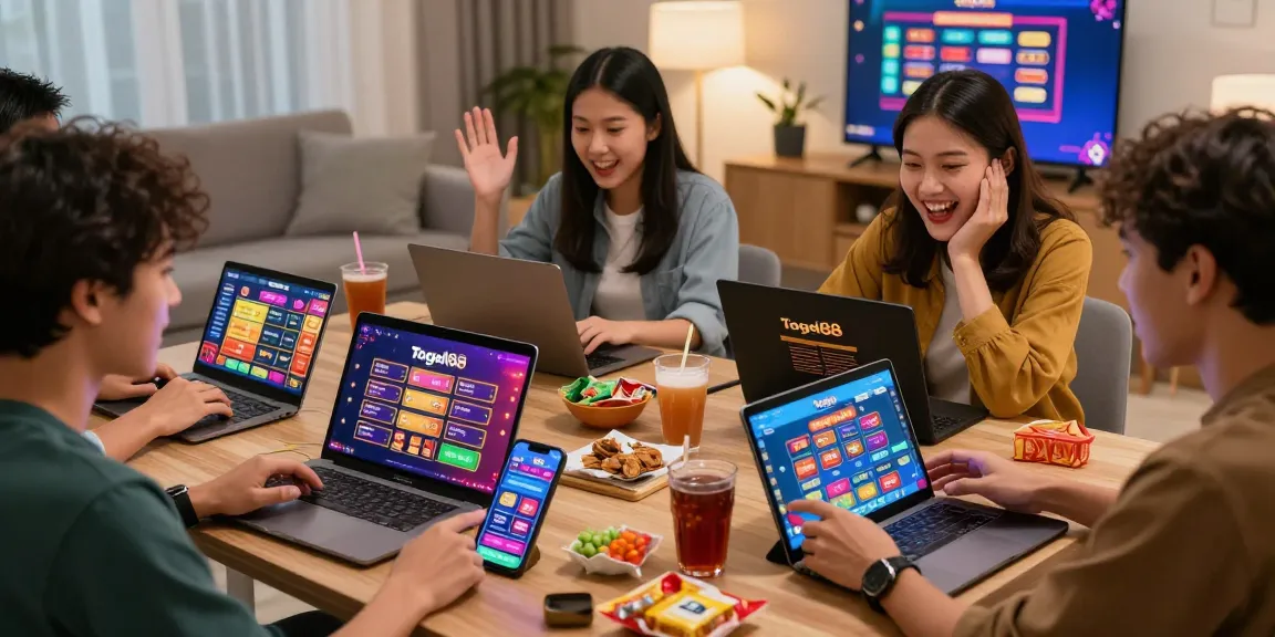Togel88 Online players celebrating wins while engaging with colorful games on devices in a lively home setting.
