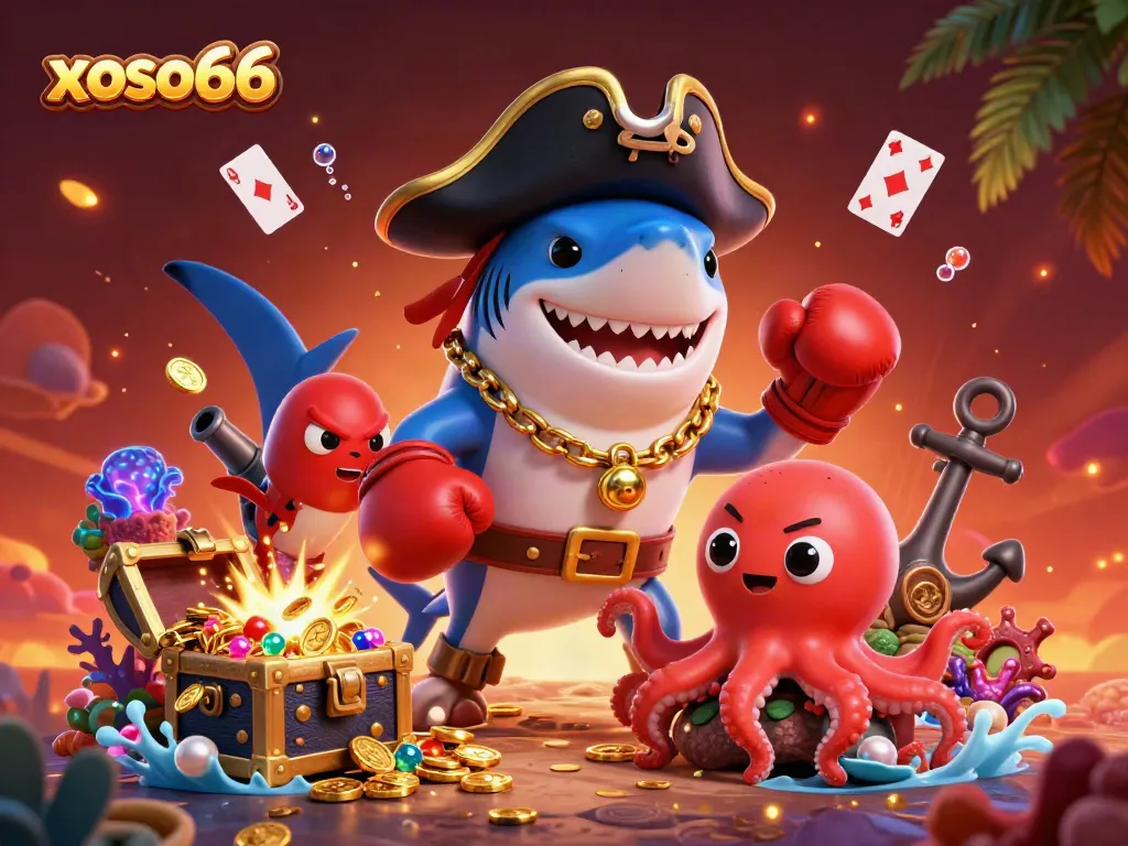 Engaging illustration of xoso66 with a pirate shark, boxing pufferfish, and octopus holding coins in a vibrant underwater casino scene.