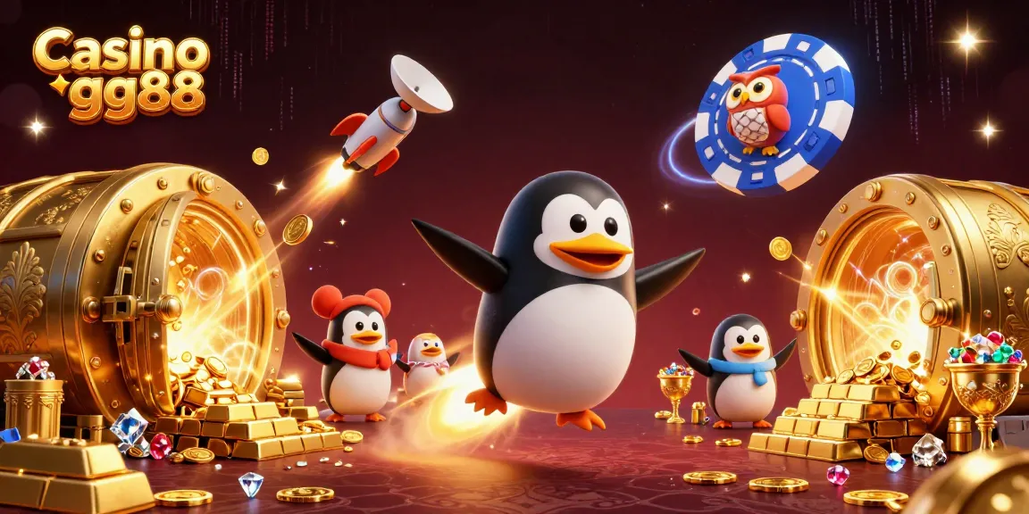 Engage with Casino gg88's thrilling 3D scene featuring a golden penguin, treasure vaults, and rich space elements.