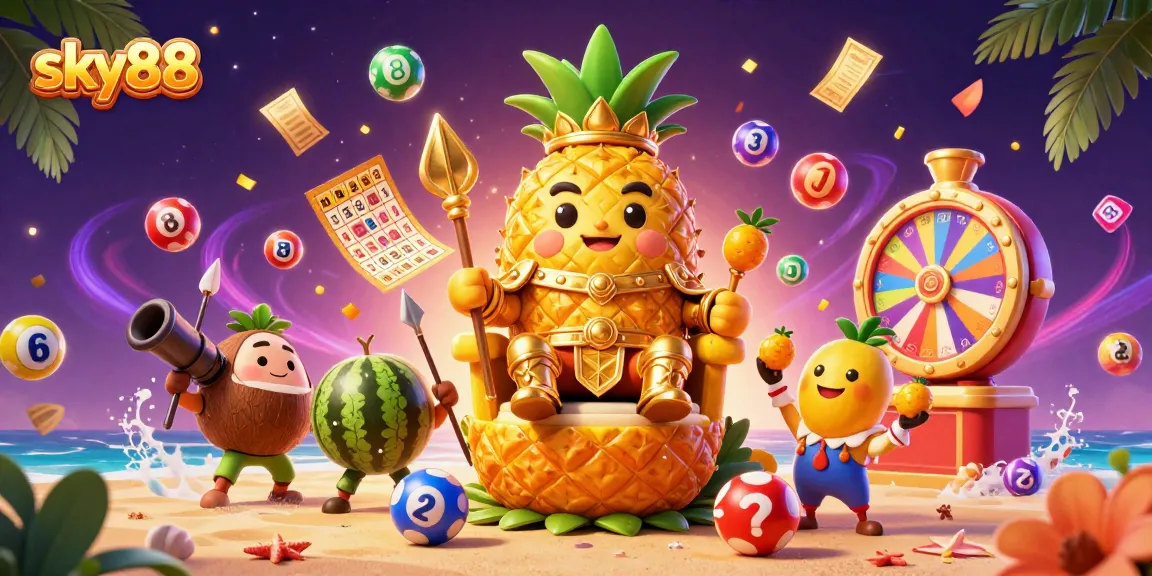 The sky88 casino scene features a golden pineapple king with coconut guards, vibrant lottery elements, and a watermelon cannon.