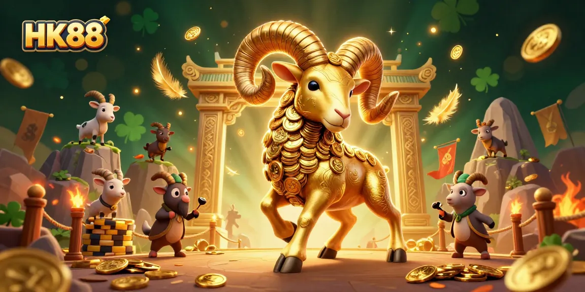 Experience the thrilling energy of HK88 with dynamic golden ram characters and vibrant casino elements.