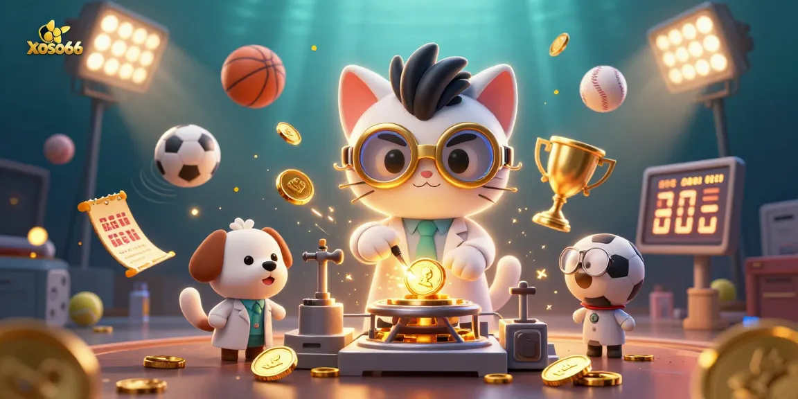 Bet big with xoso66: a vibrant scene showcasing a mad scientist cat and assistant in a dynamic casino environment filled with gold coins and sports elements.