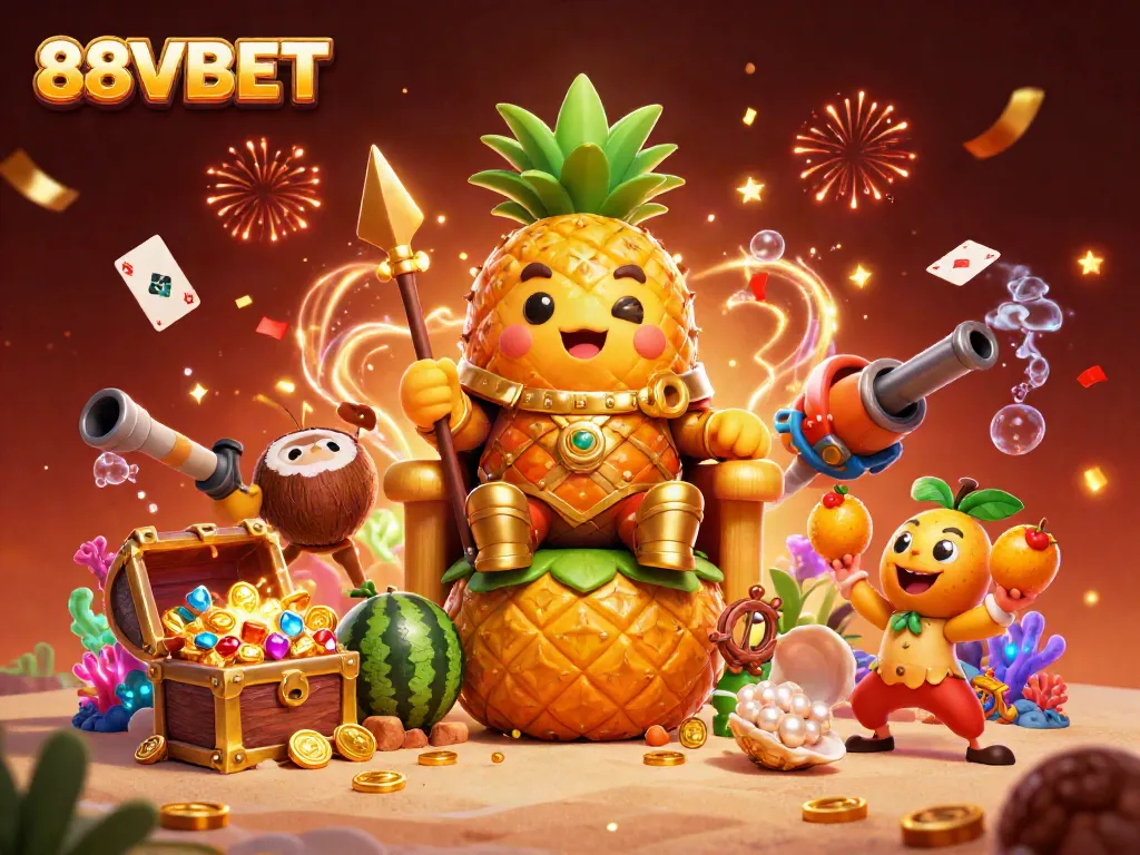 Play exciting games and win at 88VBET with a vibrant beach casino scene featuring a golden pineapple king.