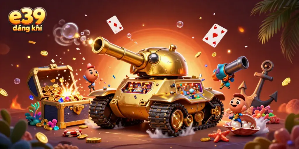 Enjoy the vibrant scene of e39 đăng ký in a 3D casino, showcasing the golden beetle tank and confetti.
