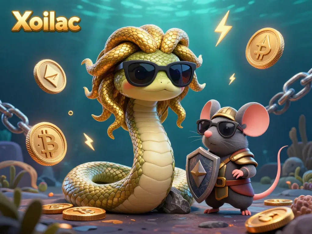 Xoilac showcases a vibrant cartoon scene with Medusa and a warrior mouse, celebrating crypto elements.