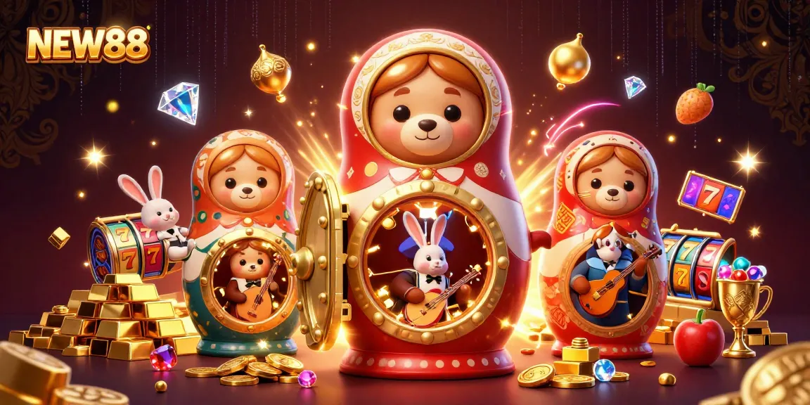Experience thrilling wins with NEW88 in a vibrant 3D casino scene filled with lucky symbols and treasures.