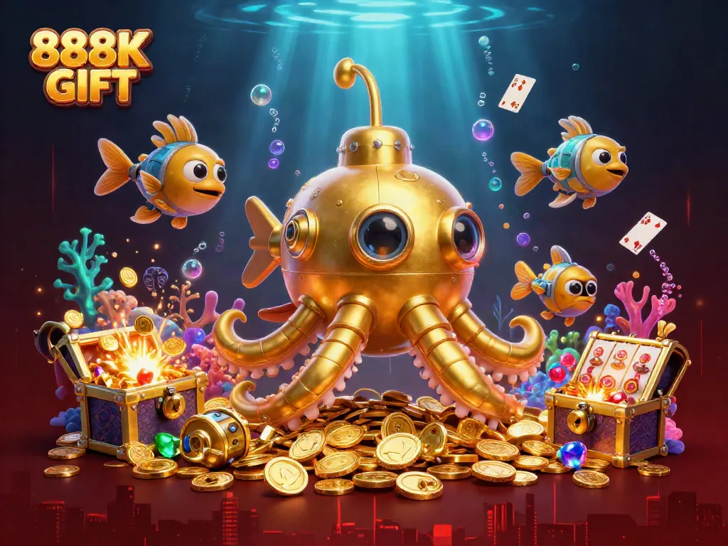 Play the exciting 888K GIFT slot game with a golden kraken submarine in a treasure-filled ocean.