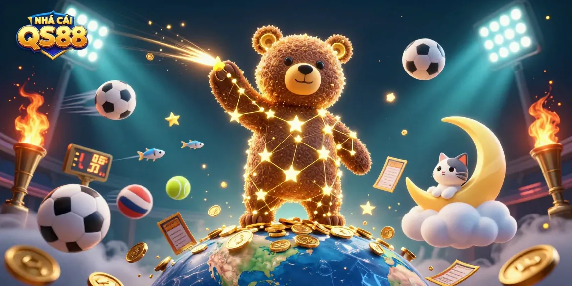 Experience the thrill of NHÀ CÁI QS88 as a constellation bear scoops coins amidst dynamic sports betting action.