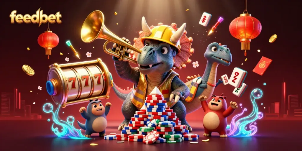 Experience winning strategies at Feedbet with a vibrant casino scene featuring cartoon dinosaurs and slot reels.