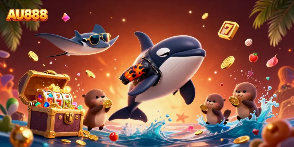 Experience thrills with AU888, where an orca, stingray, and otters celebrate with golden coins.