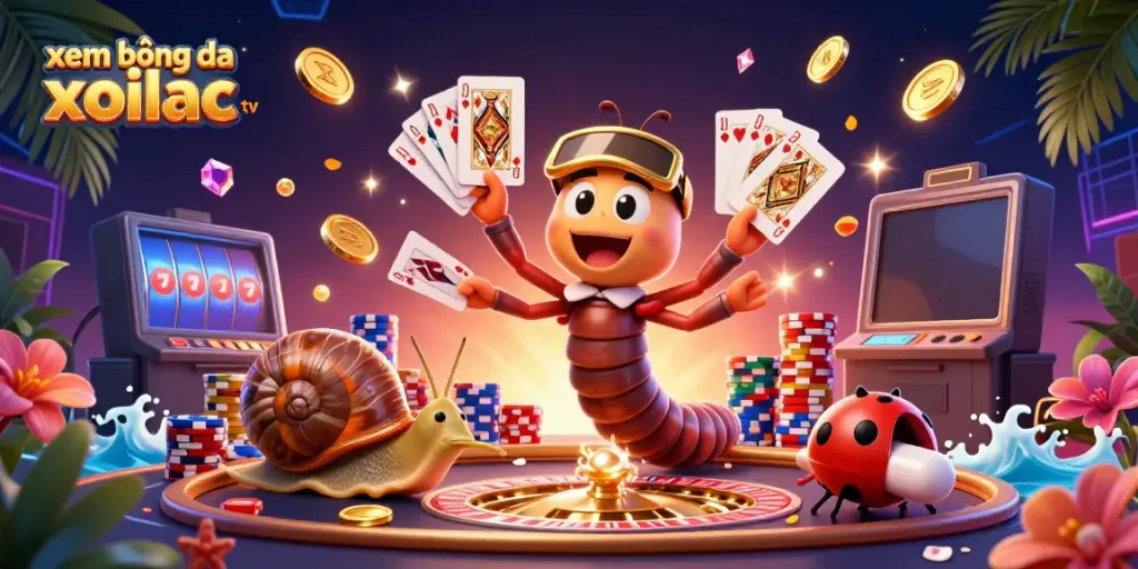 Xem bóng đá xoilac tv features a vibrant casino scene with a dynamic millipede dealer, colorful poker chips, and exciting game elements.