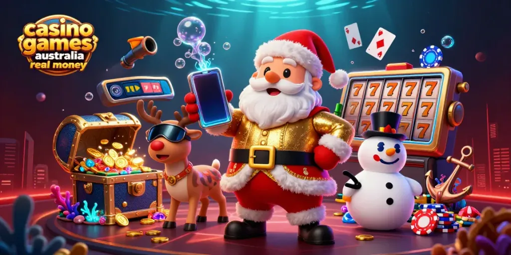 Experience thrilling casino games Australia real money with Santa and his festive friends in a vibrant 3D scene.