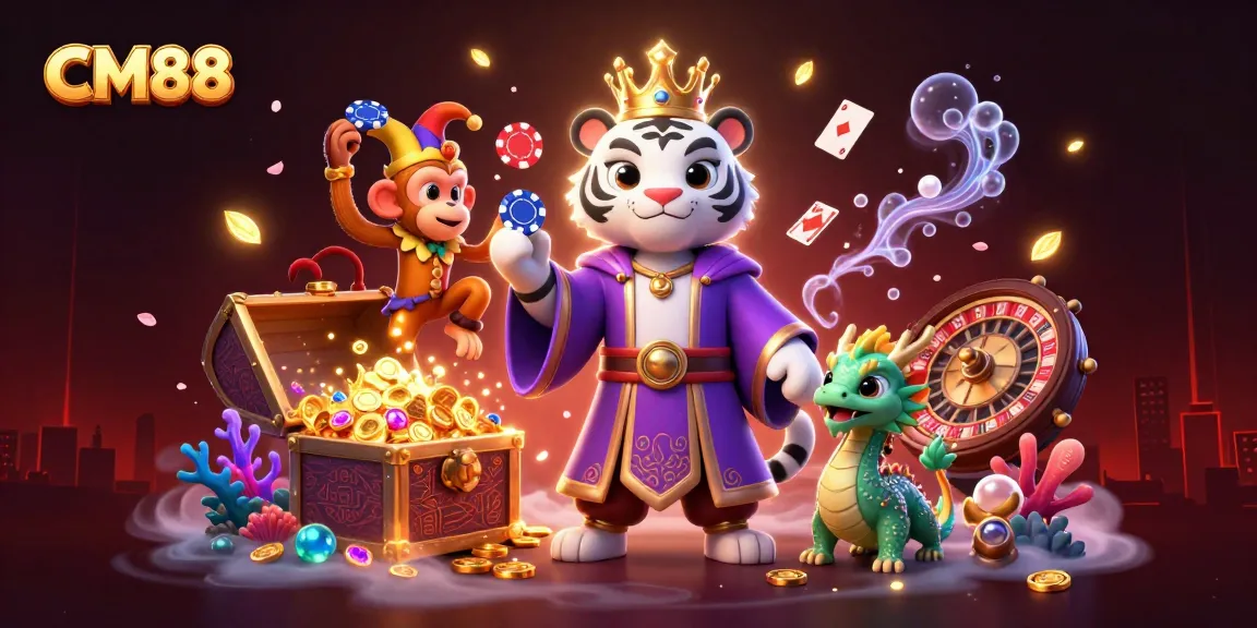 Participate in thrilling games at CM88 with a vibrant 3D casino illustration showcasing excitement and fun.
