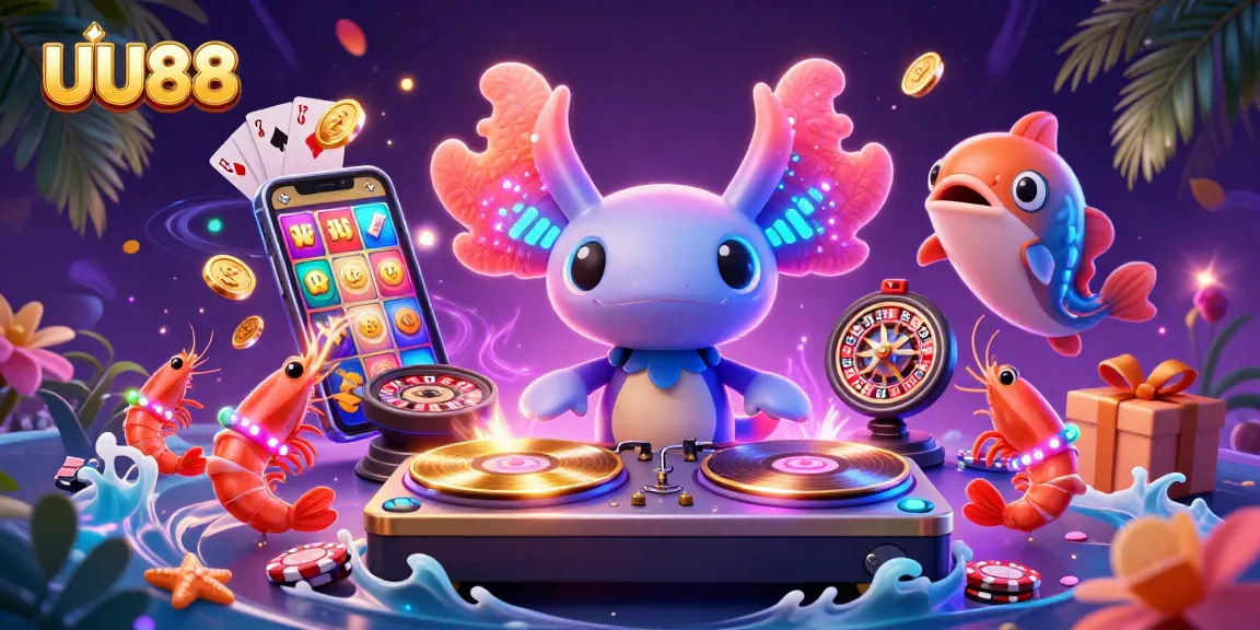 Spin the reels at UU88 with a vibrant underwater casino scene featuring neon characters and gaming elements.