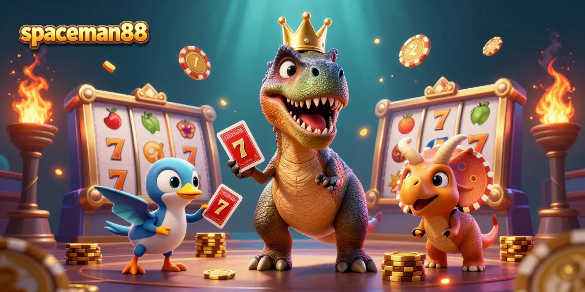 Spaceman88 showcases a T-Rex shuffling cards with excitement in a vibrant casino scene.