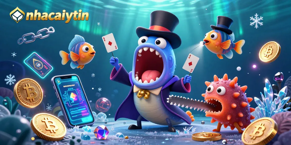 Engage with nhacaiuytin's vibrant underwater casino experience featuring glowing crypto elements.