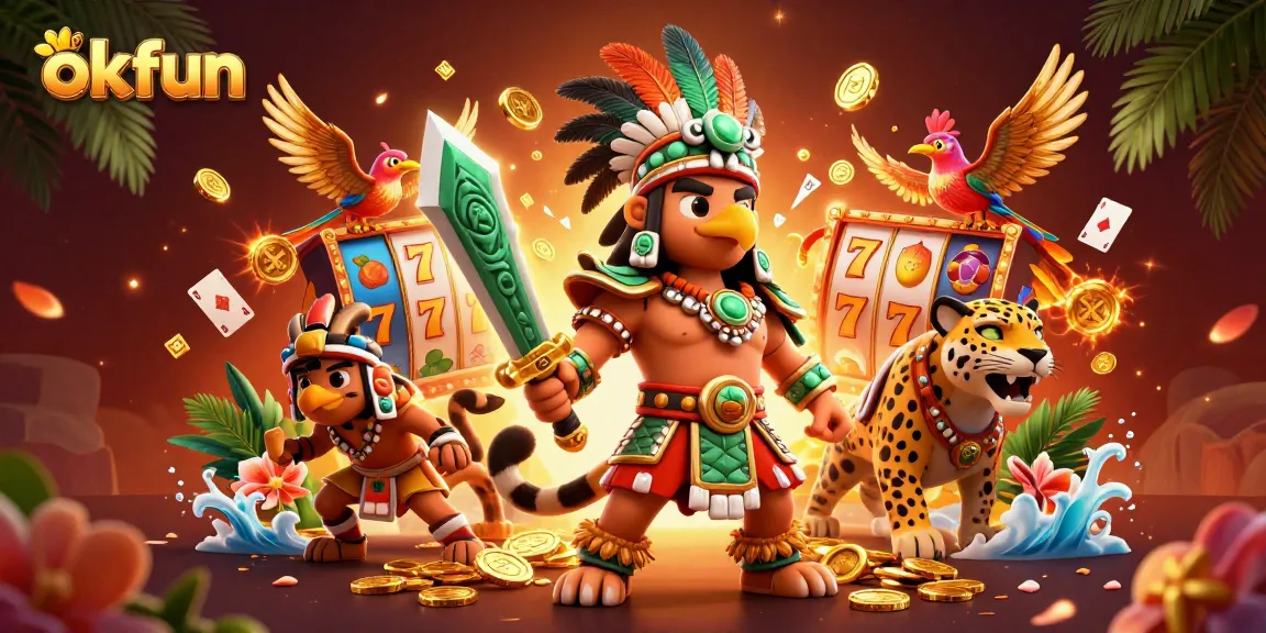Experience the excitement of okfun with vibrant slot reels, Aztec warriors, and golden game elements.