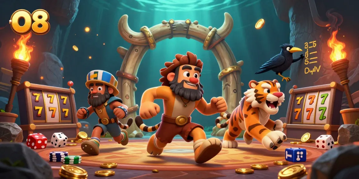 O8 engages players with a vibrant prehistoric casino featuring lucky 7s and golden jackpot elements.