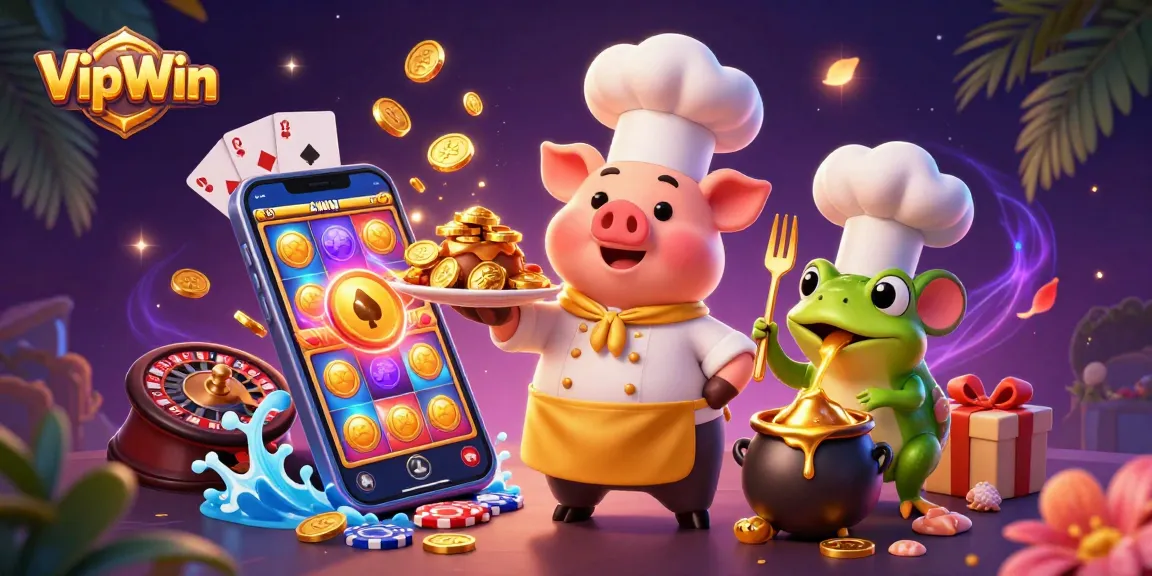 Join the excitement at VipWin, where a chef pig serves gold coins amid vibrant casino elements!