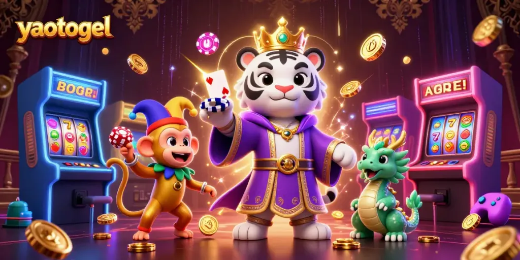 Join the excitement at yaotogel with a dynamic casino scene featuring lively characters and vibrant gaming elements.