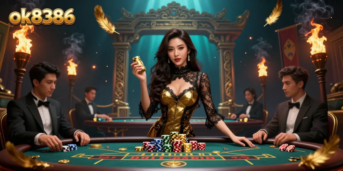 Experience high-stakes gaming with ok8386 at an exclusive baccarat table surrounded by golden tokens and vibrant casino elements.