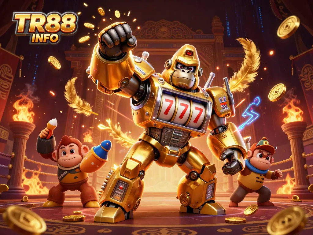 Experience TR88 INFO with an explosive casino scene featuring a mech gorilla, coins, and vibrant effects.