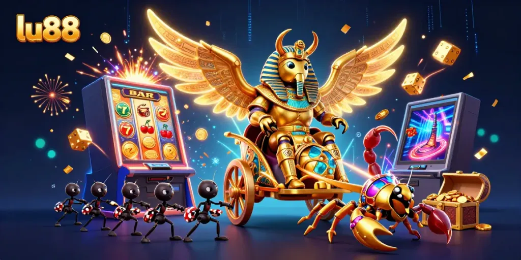Experience the excitement of lu88 with a vibrant 3D casino scene featuring a golden scarab beetle and jackpot bursts.