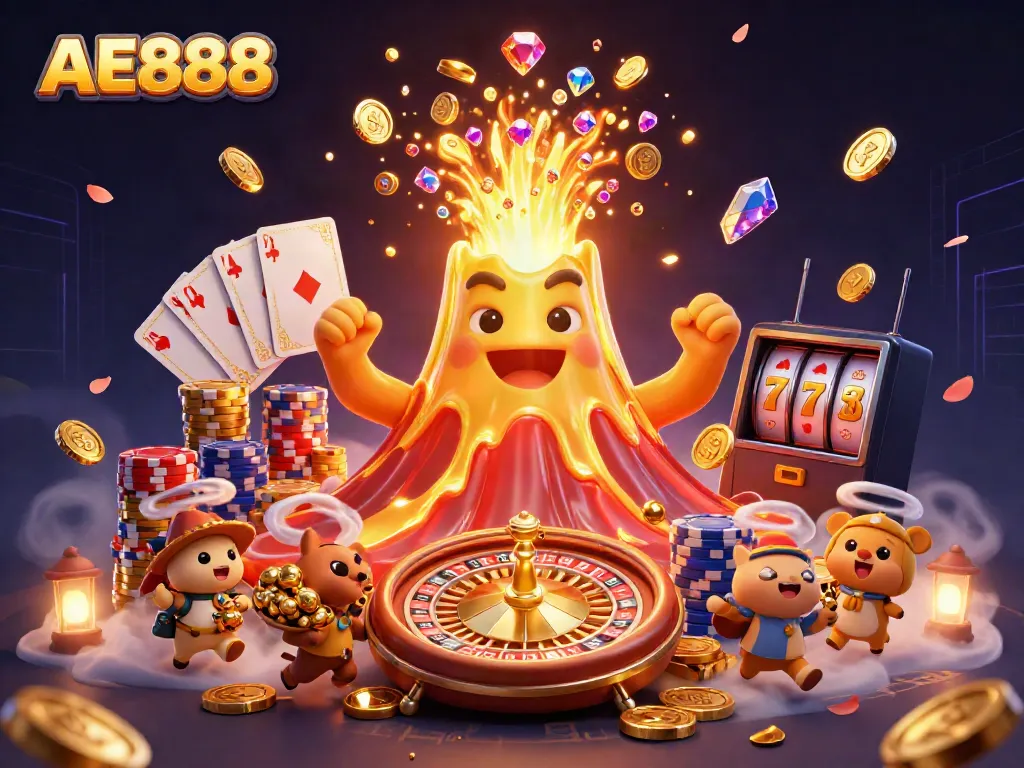 Celebrating big wins at AE888 Casino with a dynamic eruption of coins and treasures.