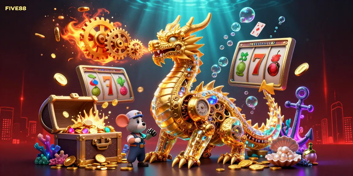 Experience the excitement of FIVE88 with a dynamic 3D illustration showcasing a golden dragon in a vibrant casino scene.
