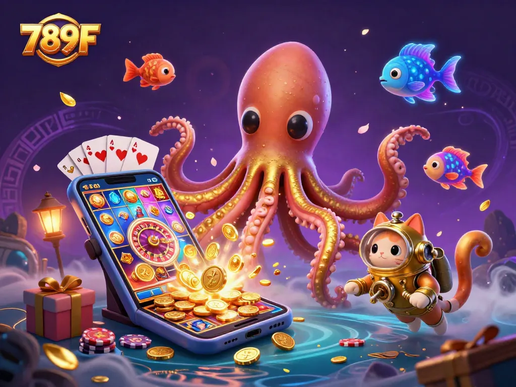 Engage with 789F's vibrant gaming scene featuring a colossal kraken and interactive casino elements.
