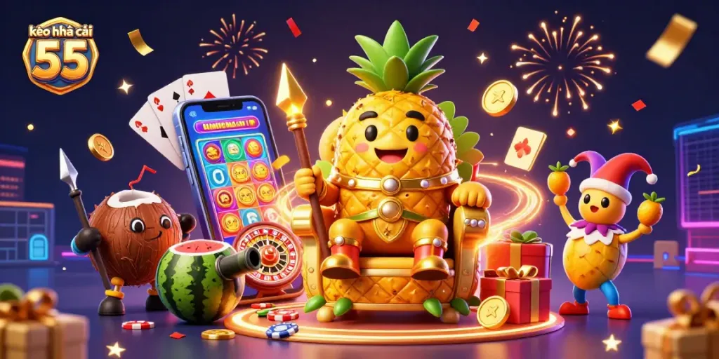 Engage with kèo nhà cái 55 in this vibrant casino scene featuring dynamic characters and exciting gaming elements.