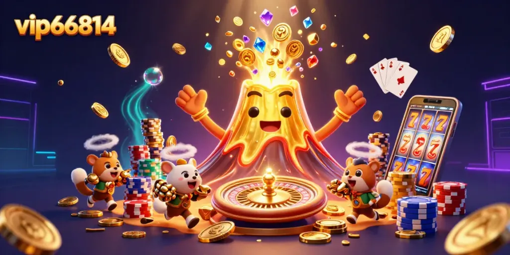 Engaging with vip66814's gold rush as a volcano erupts treasures while explorer animals scramble for coins and gems.