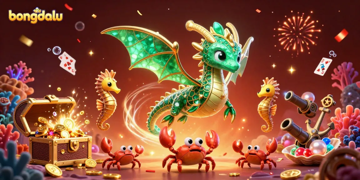 Betted and celebrated with bongdalu; a vibrant treasure-filled underwater scene showcases a floating sea dragon and treasures.