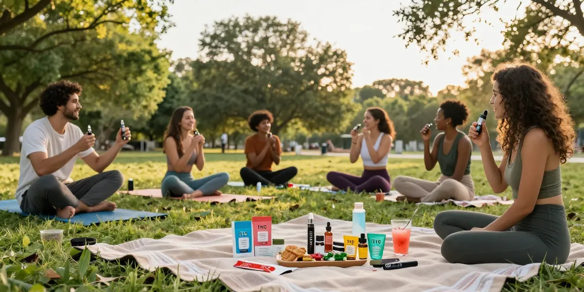 Enjoying THC vape UK products in a serene park setting, capturing natural wellness with friends, organic snacks, and relaxation.