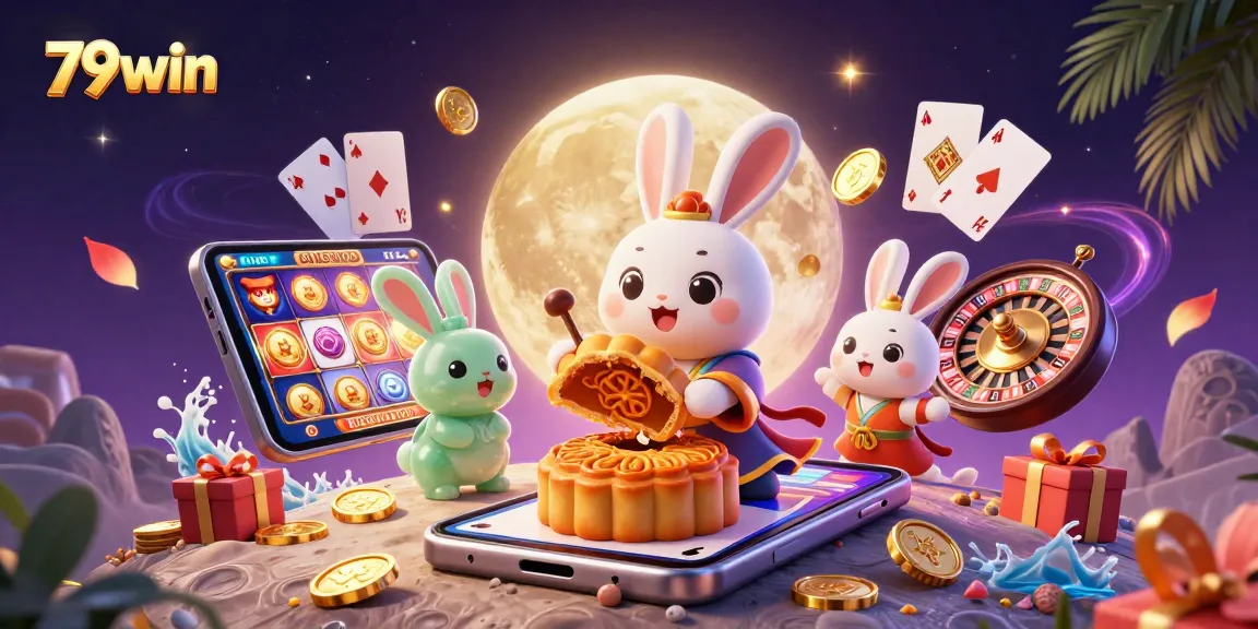 Experience thrilling gameplay with 79win as a moon rabbit unveils poker chips within a vibrant casino scene.