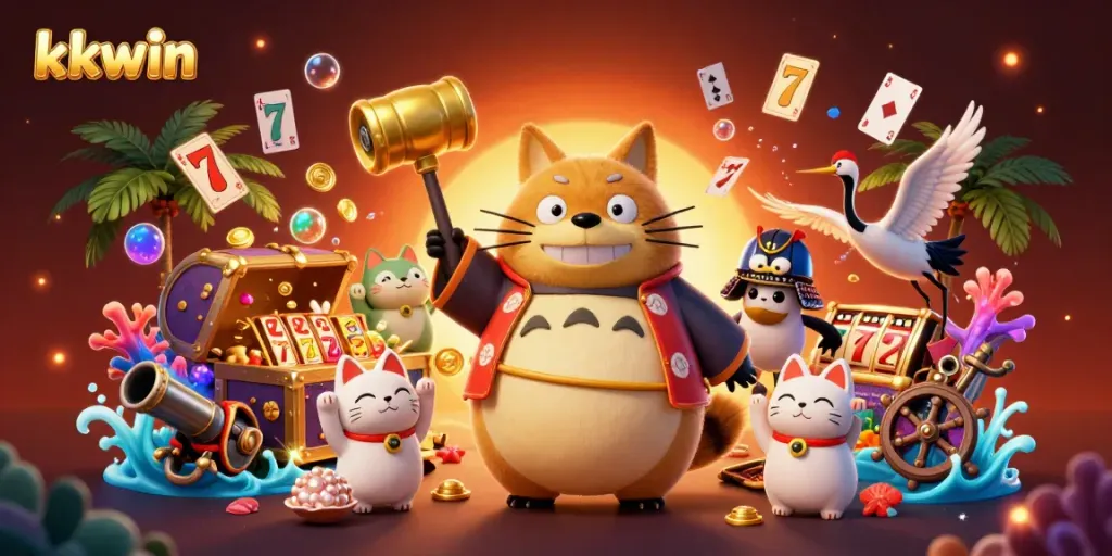 Experience the thrill of kkwin gaming with a lively scene depicting vibrant characters and casino elements.