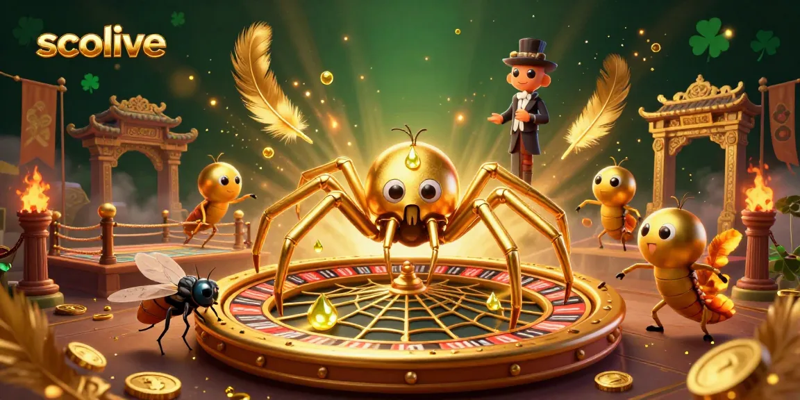 Socolive showcases a lively 3D scene with a golden spider dealer and vibrant gaming elements thrillingly spinning bets.