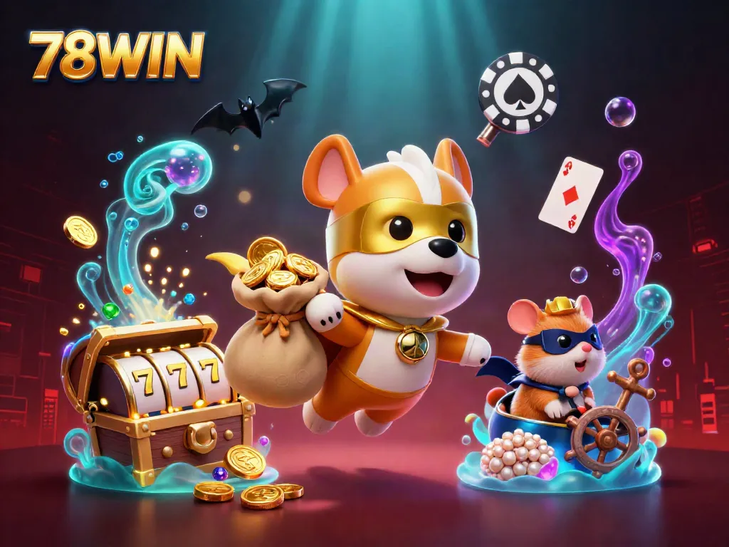 Experience thrilling gameplay at 78WIN with this exciting illustration of flying characters and casino elements.