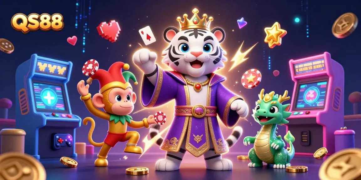 Engage with the thrilling world of QS88 casino games, featuring a majestic white tiger and vibrant game elements.