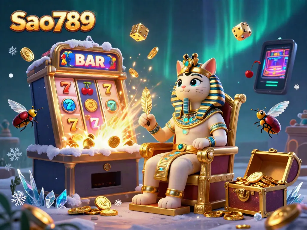 Sao789 showcases exciting slots and treasures in a vibrant 3D casino illustration