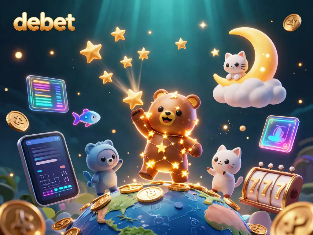Experience debet's enchanting online gaming world with a cosmic bear and shimmering coins.