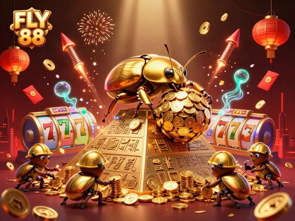 Experience FLY 88's gaming excitement with a golden beetle themed casino scene.