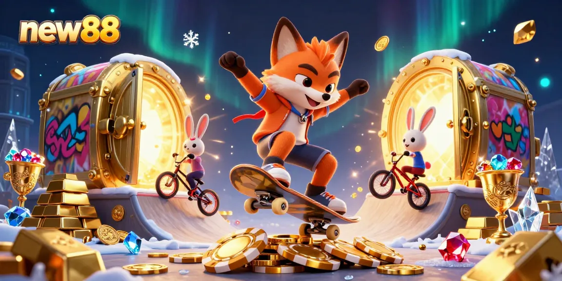 Showcase exhilarating gameplay at new88 with vibrant characters over sparkling casino treasures.